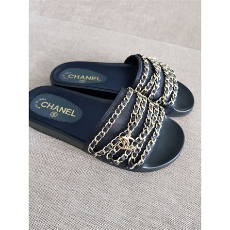 black chanel chain slides|chanel black flip flops.